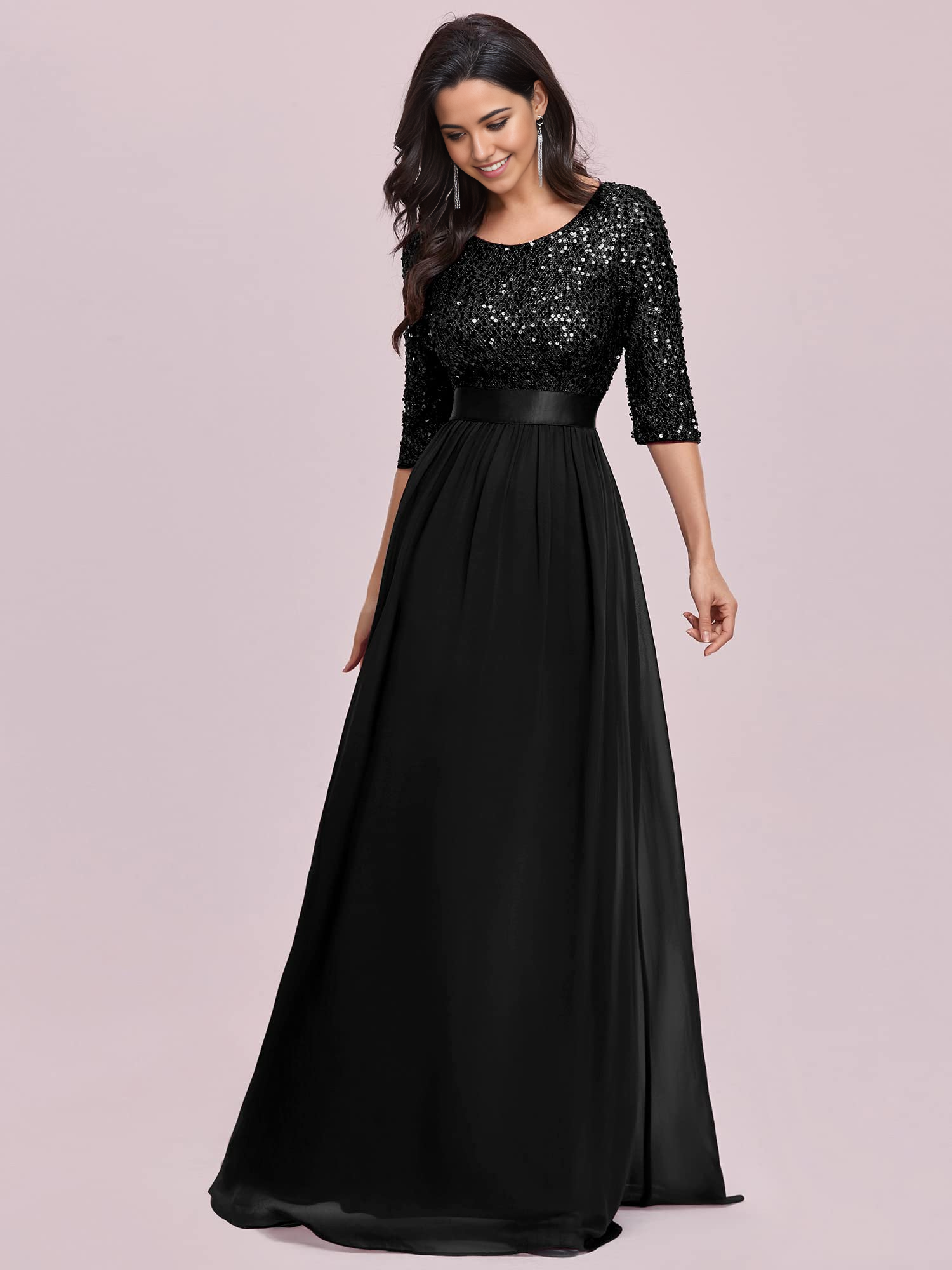 Vestido de noche elegante de corte A con cuello redondo y media manga con lentejuelas, vestido formal para fiesta de graduación